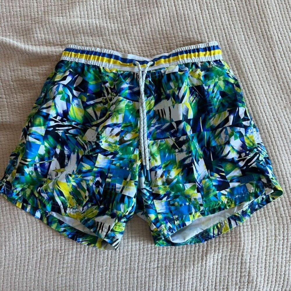 Hugo Boss Swim Trunks Board Shorts Men Small Blue Abstract Mesh Lined Drawstring